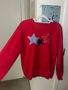 Red Gilden Sweatshirt with Handmade Patchwork Stars
